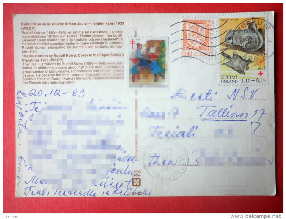 Christmas Greeting Card by Rudolf Koivu - bear - squirrel - fox - hare - Finland - sent from Finland to Estonia 1983 - JH Postcards