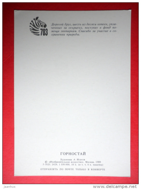 illustration by A. Isakov - Ermine , Mustela erminea - animal - 1989 - Russia USSR - unused - JH Postcards