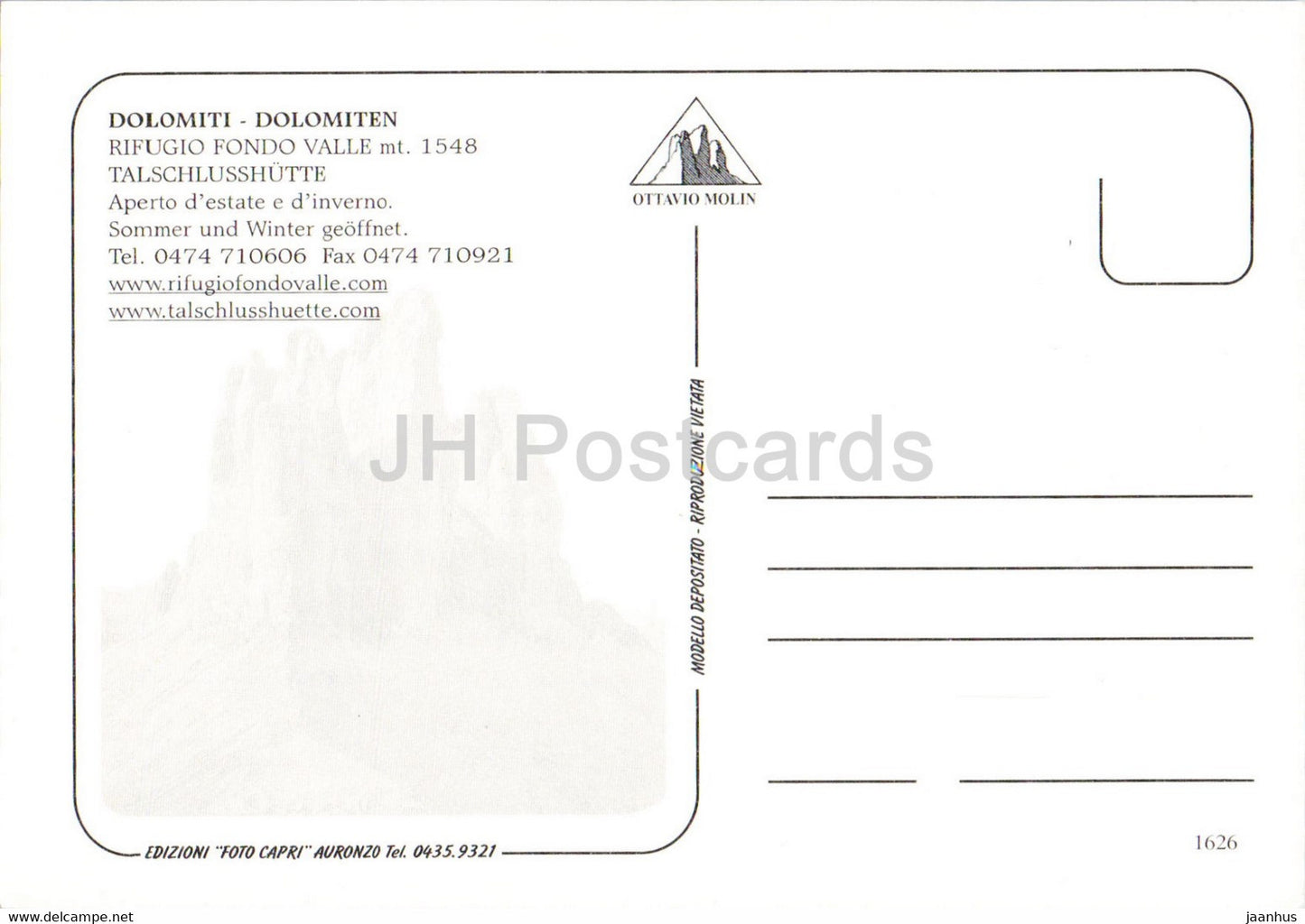 Dolomiti - Rifugio Fondo Valle 1548 m - Talschlusshütte Fischleinboden - 1626 - Italien - unbenutzt