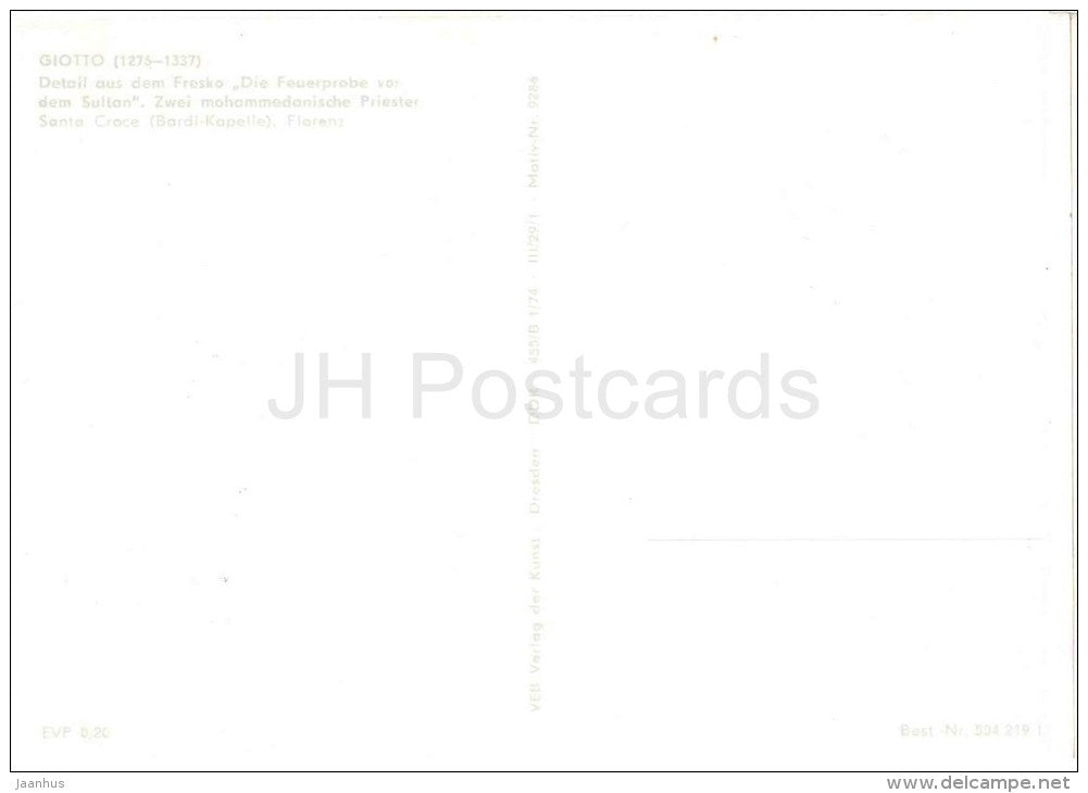 painting by Giotto - Trial by Fire of St. Francis of Assisi before the Sultan of Egypt - italian art - unused - JH Postcards