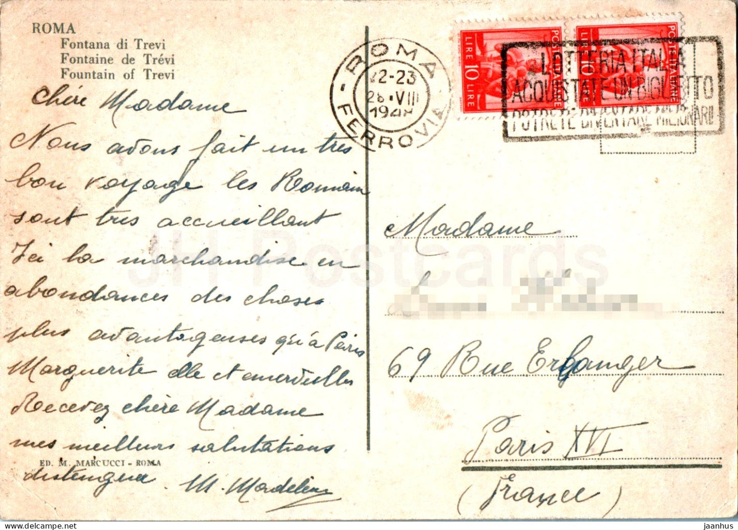 Roma - Rome - Fontana di Trevi - Fontaine de Trevi - carte postale ancienne - 1948 - Italie - utilisé