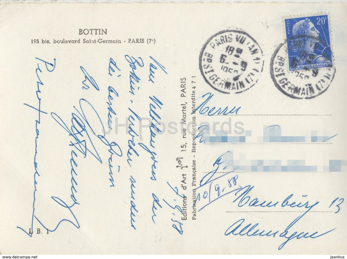 Bottin – 195 bis boulevard Saint-German – Paris – Frankreich – 1958 – gebraucht