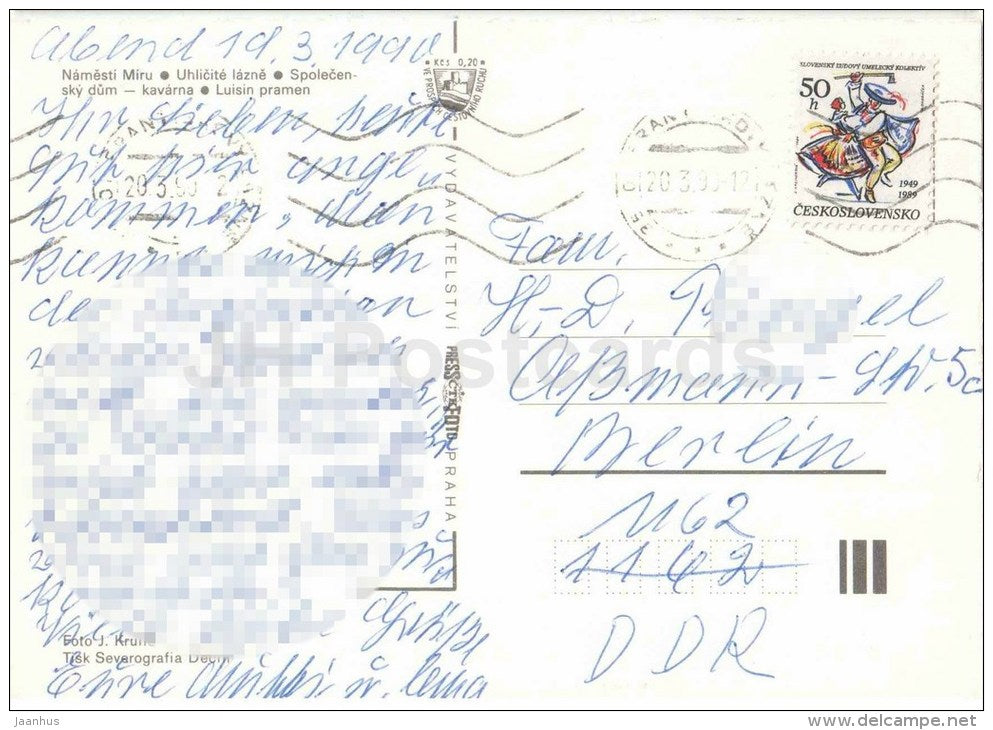Frantiskovy Lazne - spa - Peace square - Social House , cafe - Luisa Source - Czechoslovakia - Czech - used 1990 - JH Postcards