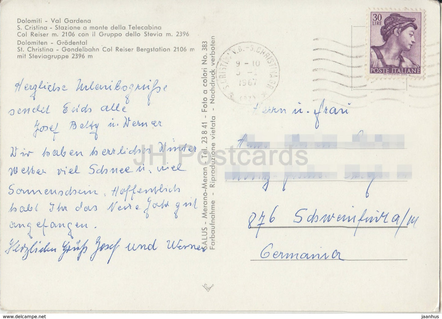 Dolomiti - Val Gardena - S. Cristina - Telecabina - 2396 m - horse sledge - Italy - 1967 - used