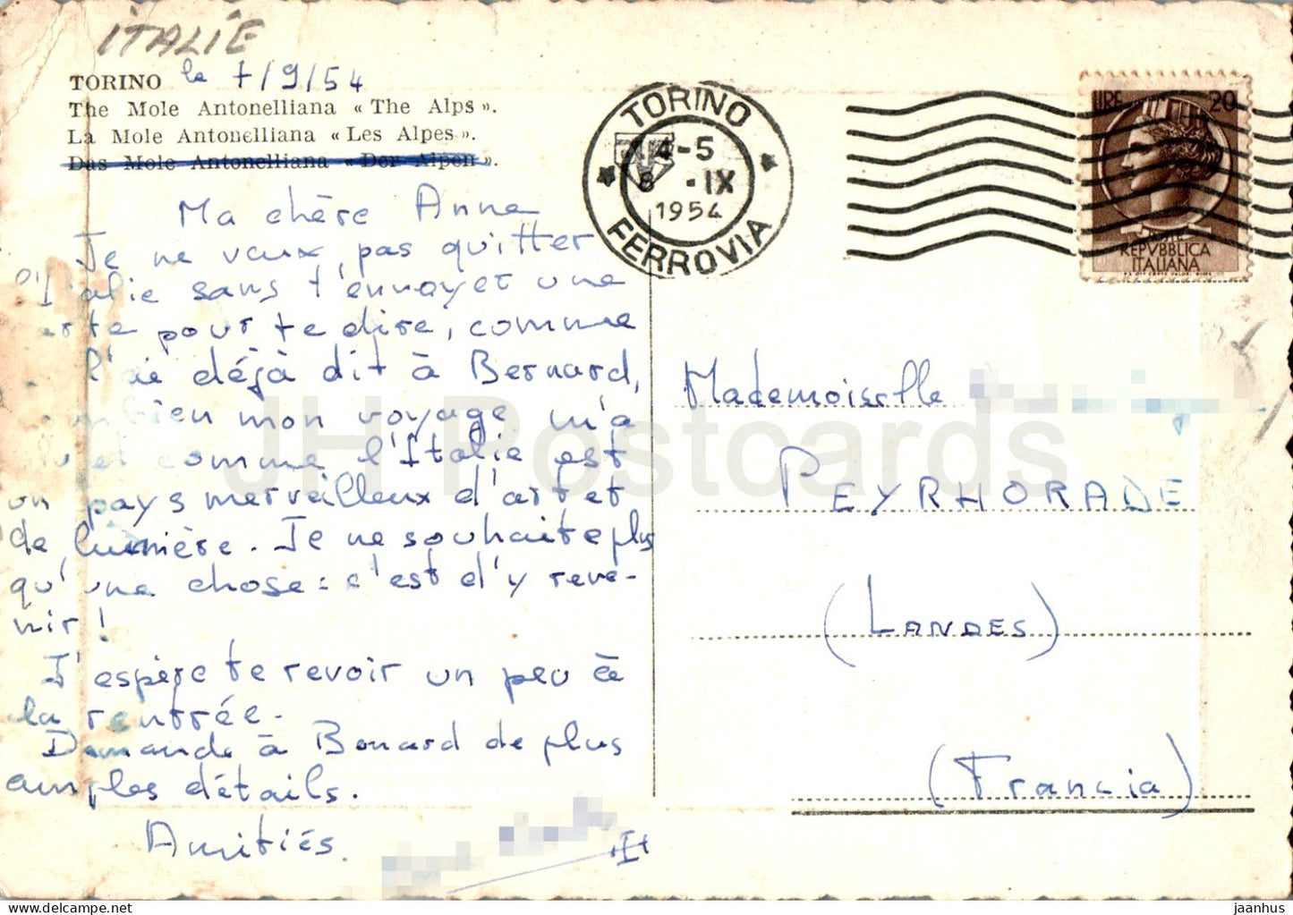 Turin - Die Mole Antonelliana Die Alpen - alte Postkarte - 1954 - Italien - gebraucht