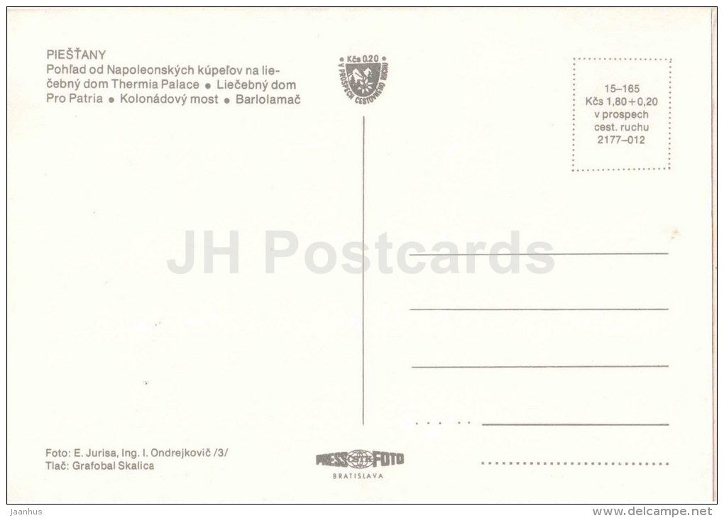 Piestany - Thermia Palace spa - Pro Patria - colonnade bridge - Barlolamac - Czechoslovakia - Slovakia - unused - JH Postcards