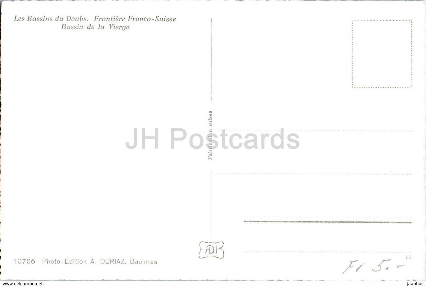 Les Bassins du Doubs - Frontière Franco Suisse - Bassin de la Vierge - 10706 - carte postale ancienne - Suisse - inutilisée