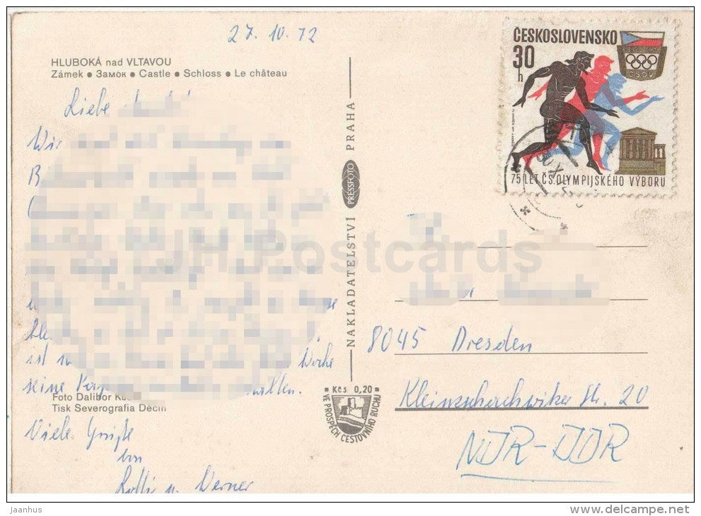 Hluboka nad Vltavou - castle - Czechoslovakia - Czech - used 1972 - JH Postcards