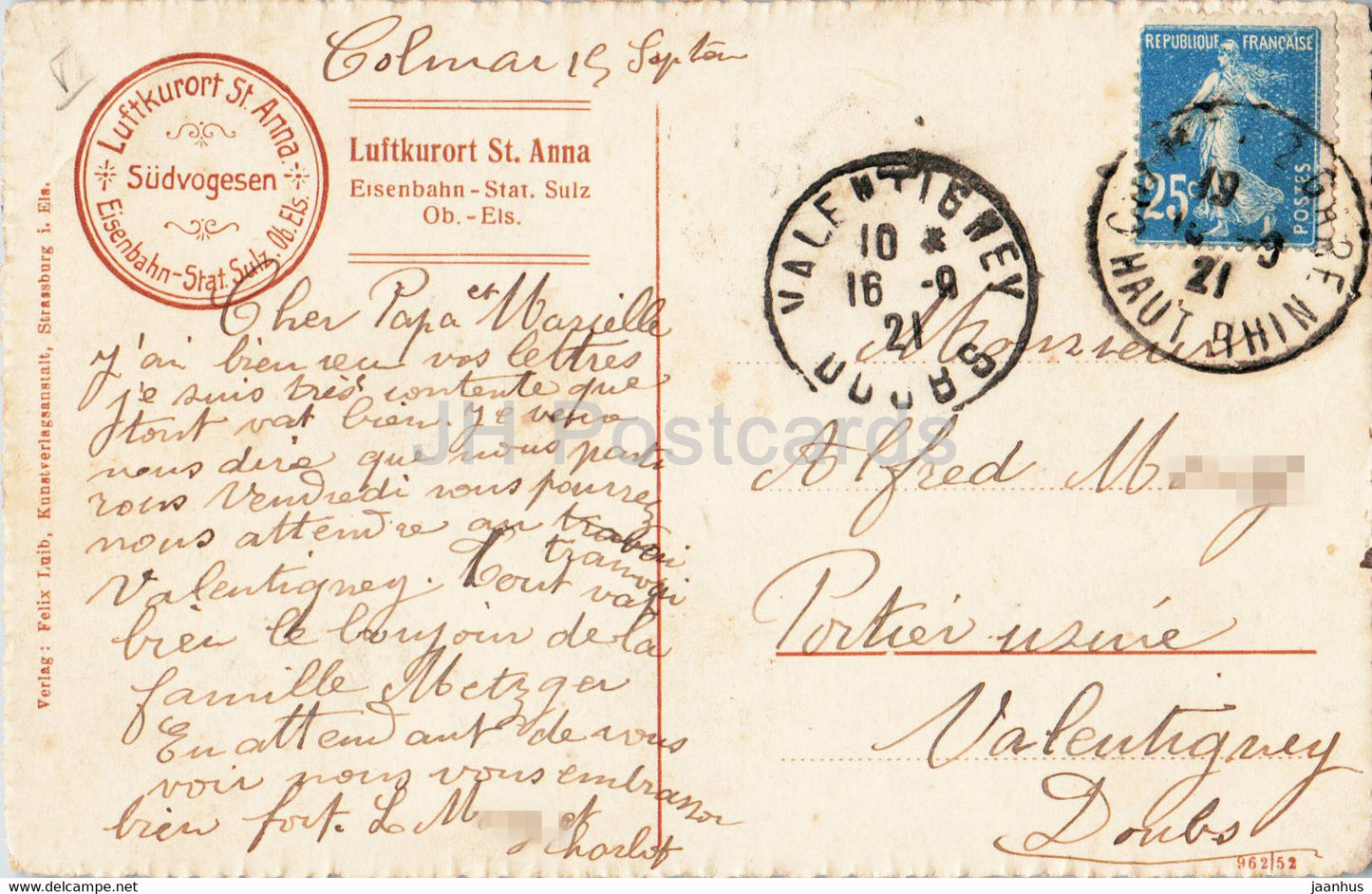 Luftkurort St Anna - Sudvogesen - 1921 - old postcard - France - used