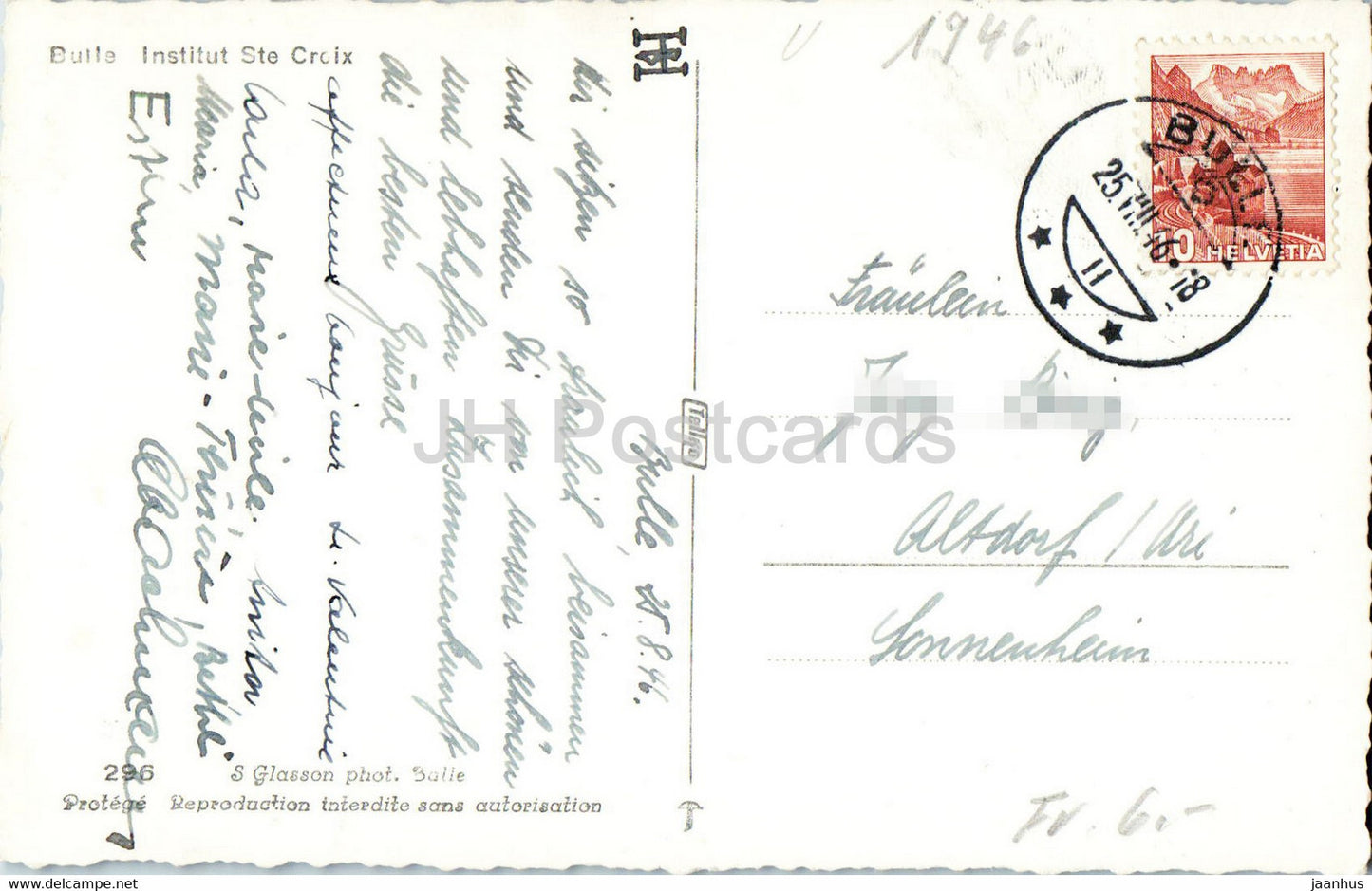 Bulle - Institut Ste Croix - institute - 296 - 1946 - old postcard - Switzerland - used
