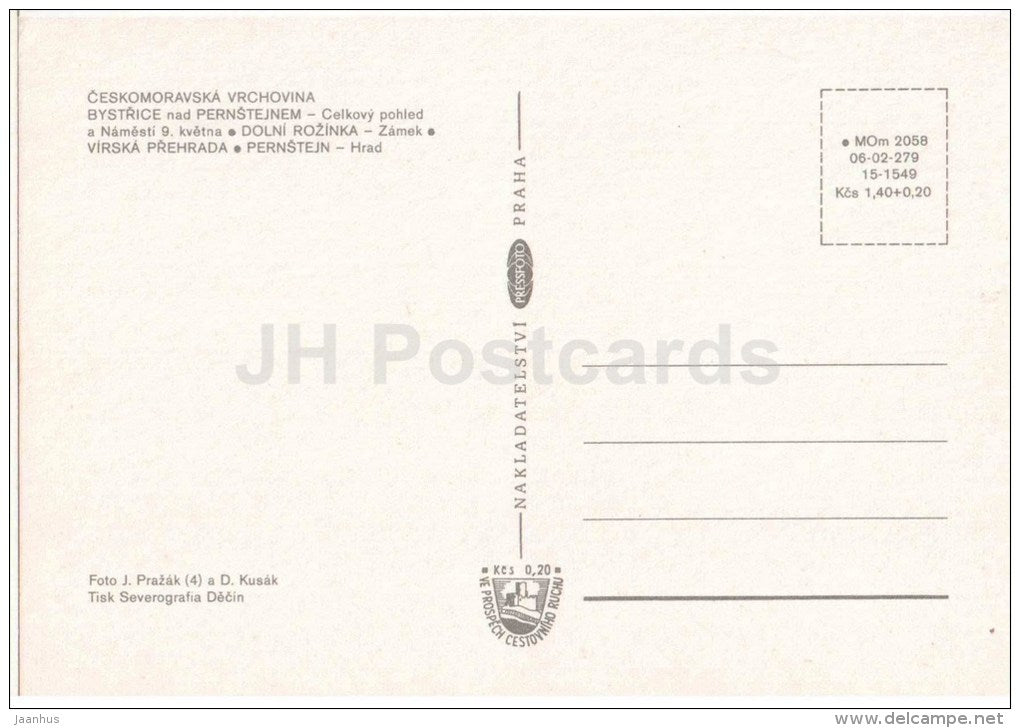 Bystrice nad Pernstejnem - 9. May square - Rozinka valley - castle - Pernstejn - Czechoslovakia - Czech - unused - JH Postcards