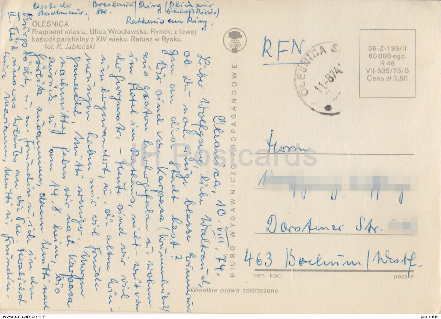 Olesnica - marché - mairie - rue Wroclawska - multiview - 1974 - Pologne - utilisé