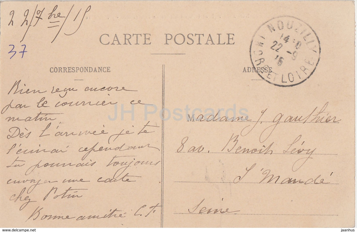 Nouzilly - Chateau de l'Orfraisiere - castle - 11 - old postcard - 1916 - France - used