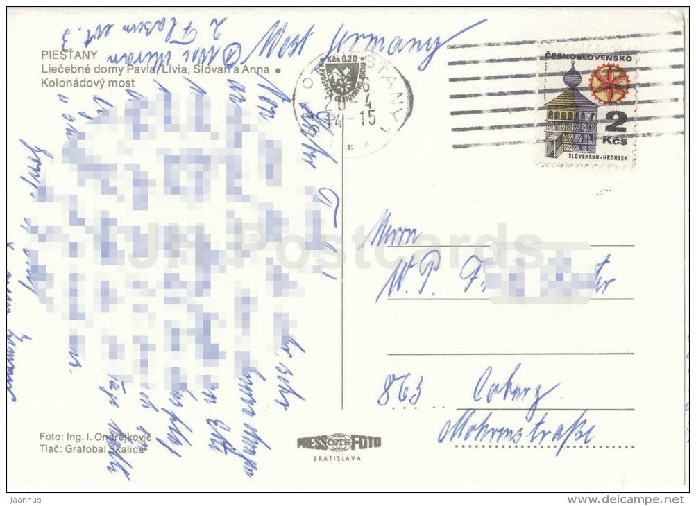Piestany - spa house Pavia Livia , Slovan , Anna - colonnade bridge - Czechoslovakia - Slovakia - used 1978 - JH Postcards