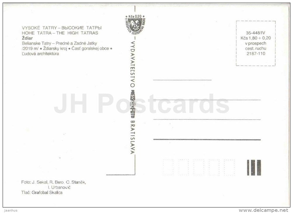 Belianske Tatry - Zdiar - folk costumes - Ludova - Vysoke Tatry - High Tatras - Czechoslovakia - Slovakia - unused - JH Postcards