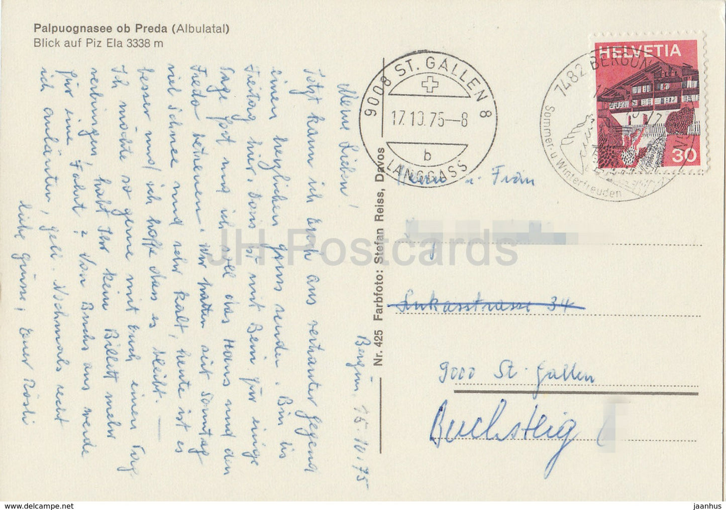 Palpuognasee ob Preda (Albulatal) - Blick auf Piz Ela 3338 m - 425 - 1975 - Switzerland - used