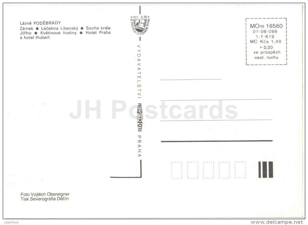 Lazne Podebrady - castle - Statue of King George - flower clock - hotel Praha , Hubert - Czechoslovakia - Czech - unused - JH Postcards