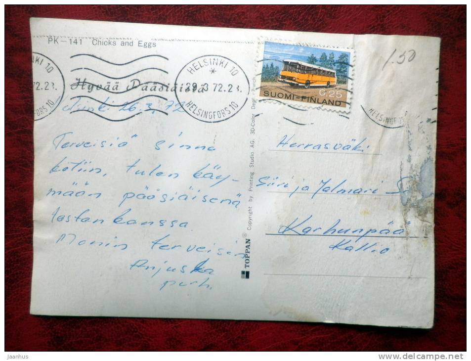 Switzerland - 3D - stereo - Easter - chicks - eggs - sent in Finland, Helsinki - 1972 - stamped - used - JH Postcards