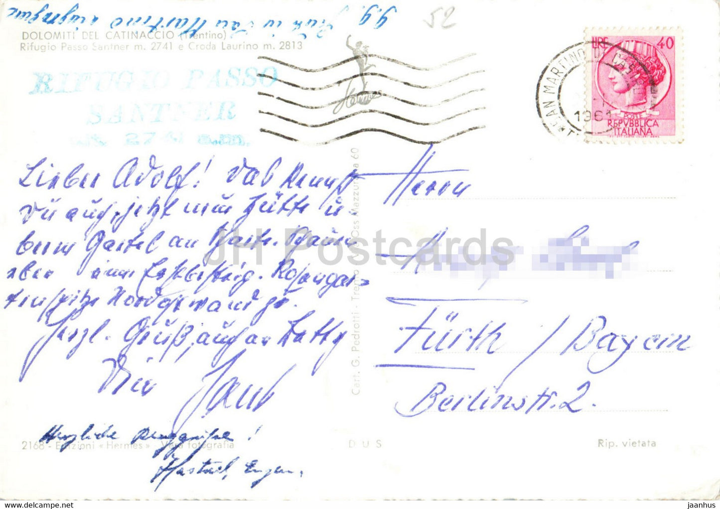 Dolomiti del Catinaccio - Rifugio Passo Santner - Croda Laurino - 1961 - Italie - utilisé