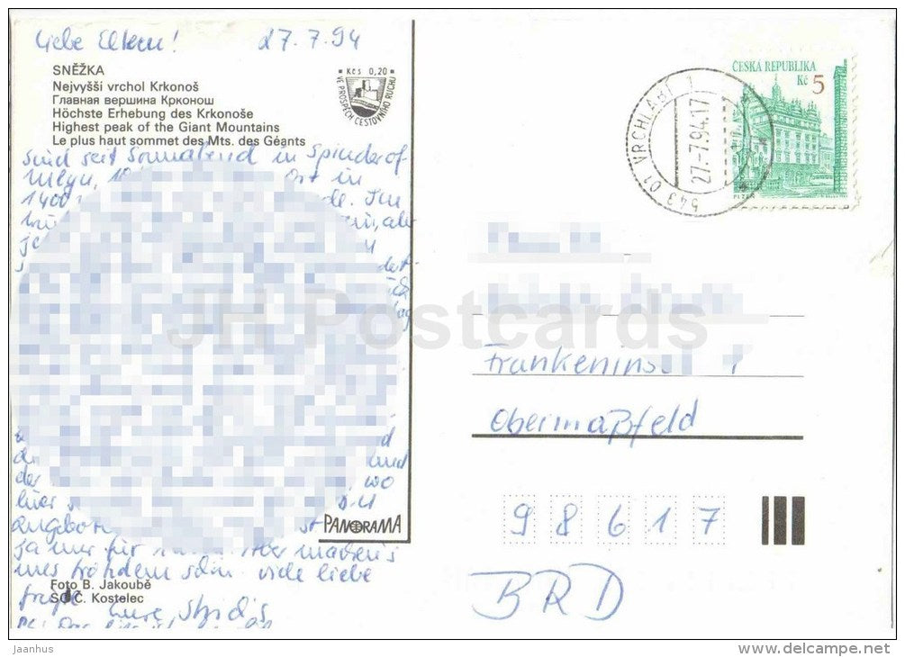Snezka mountain - Krkonose - highest peak of the Giant Mountains - flowers - Czechoslovakia - Czech - used 1994 - JH Postcards