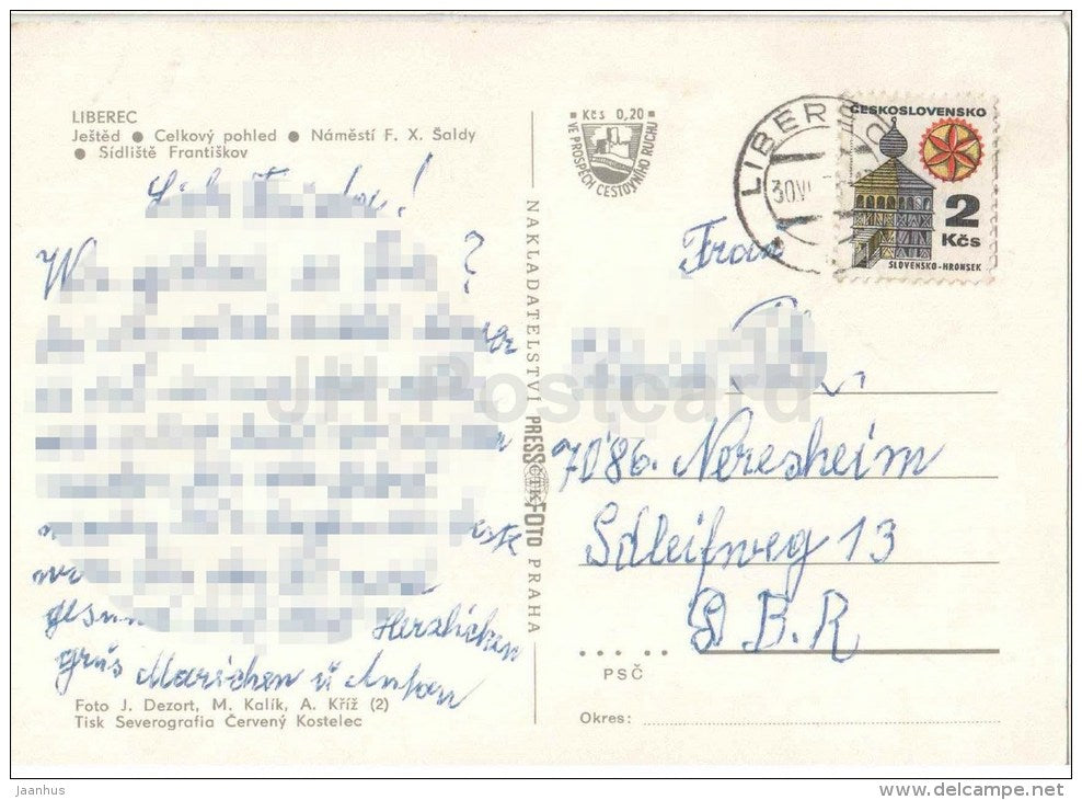 Mountain hotel Jested - Liberec - Saldy square - housing estate Frantiskov - Czechoslovakia - Czech - used - JH Postcards