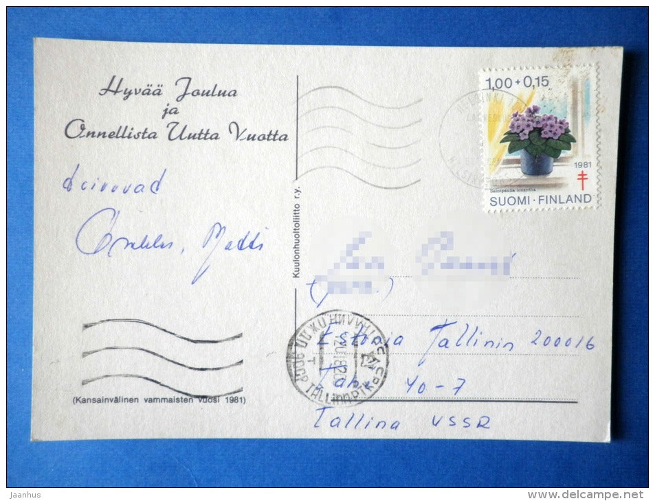 christmas greeting card - illustration - boy and dog - sent from Finland to Estonia USSR, 1982 - 1981 - Finland - used - JH Postcards
