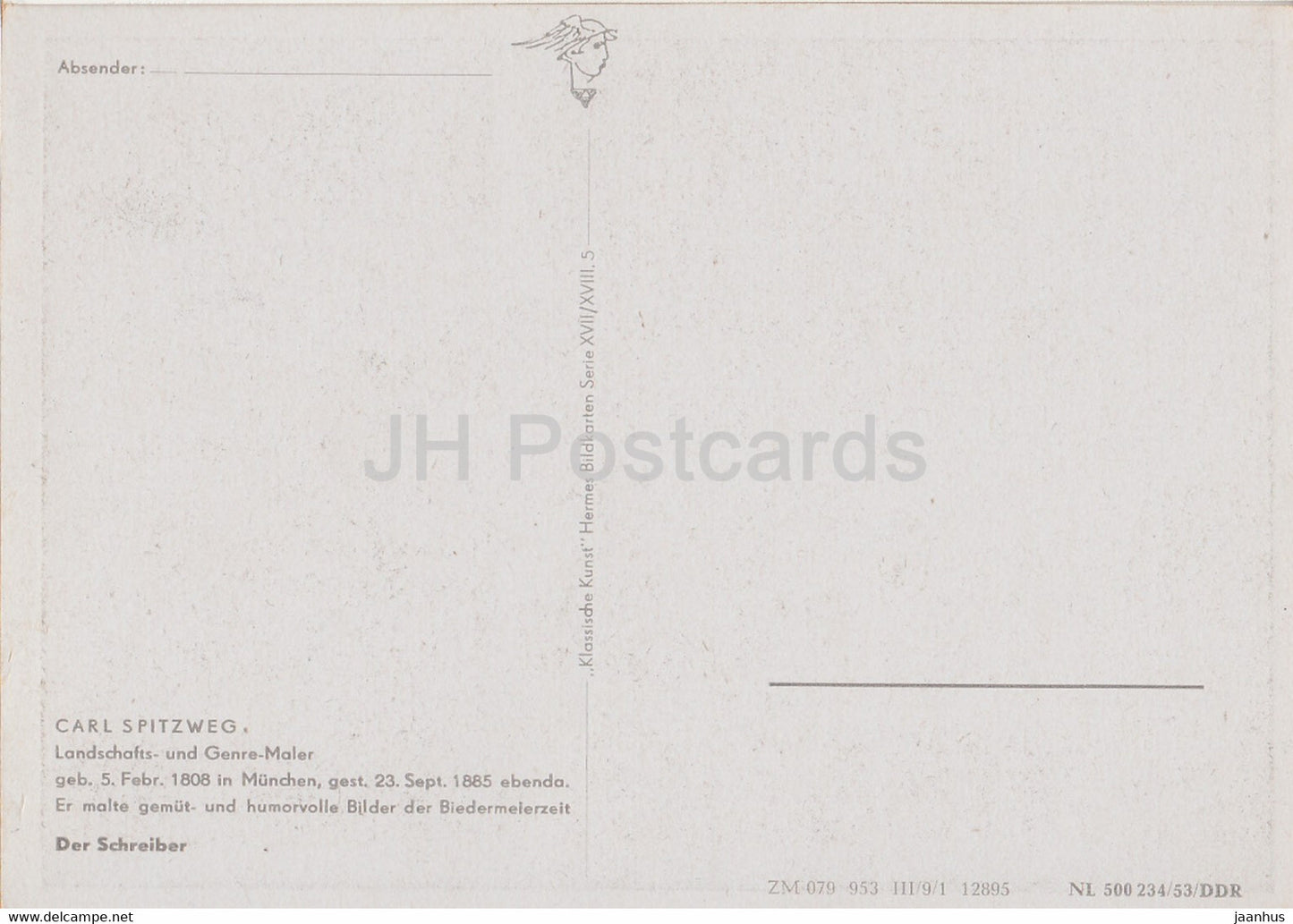 painting by Carl Spitzweg - Der Schreiber - German art - Germany DDR - unused