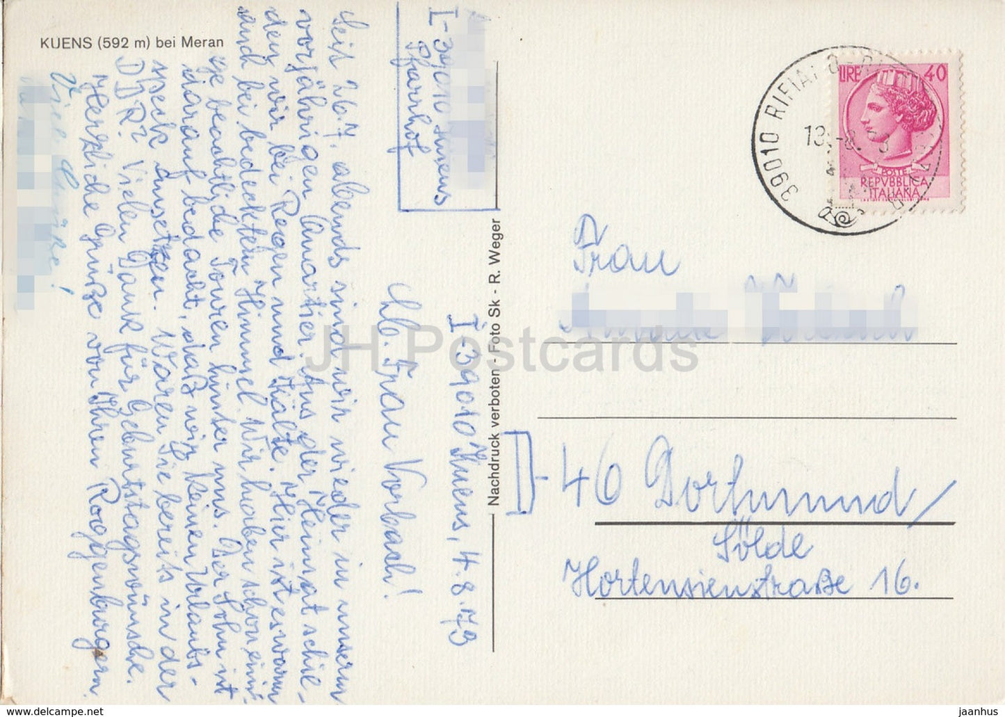 Kuens 592 m bei Meran - Italy - 1973 - used