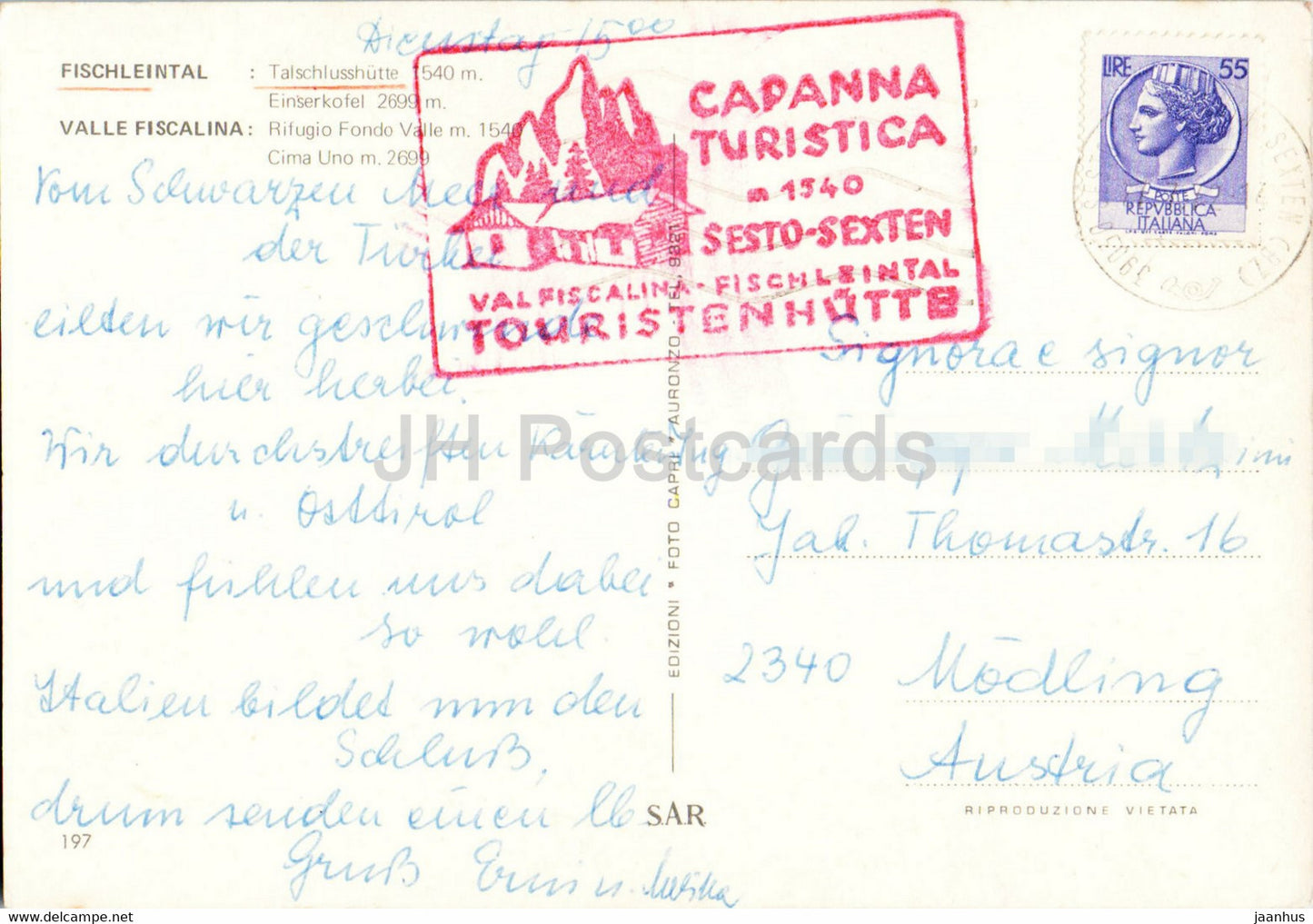Fischleintal - Talschlusshutte - Einserkofel - Valle Fiscalina - Rifugio Fondo Valle - Cim Uno - 1972 - Italy - used