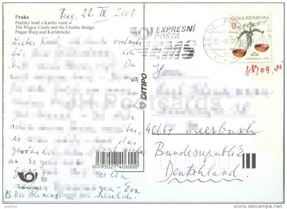 Praha - Prague - the Prague Castle and the Charles Bridge - Czech - used 2001 - JH Postcards