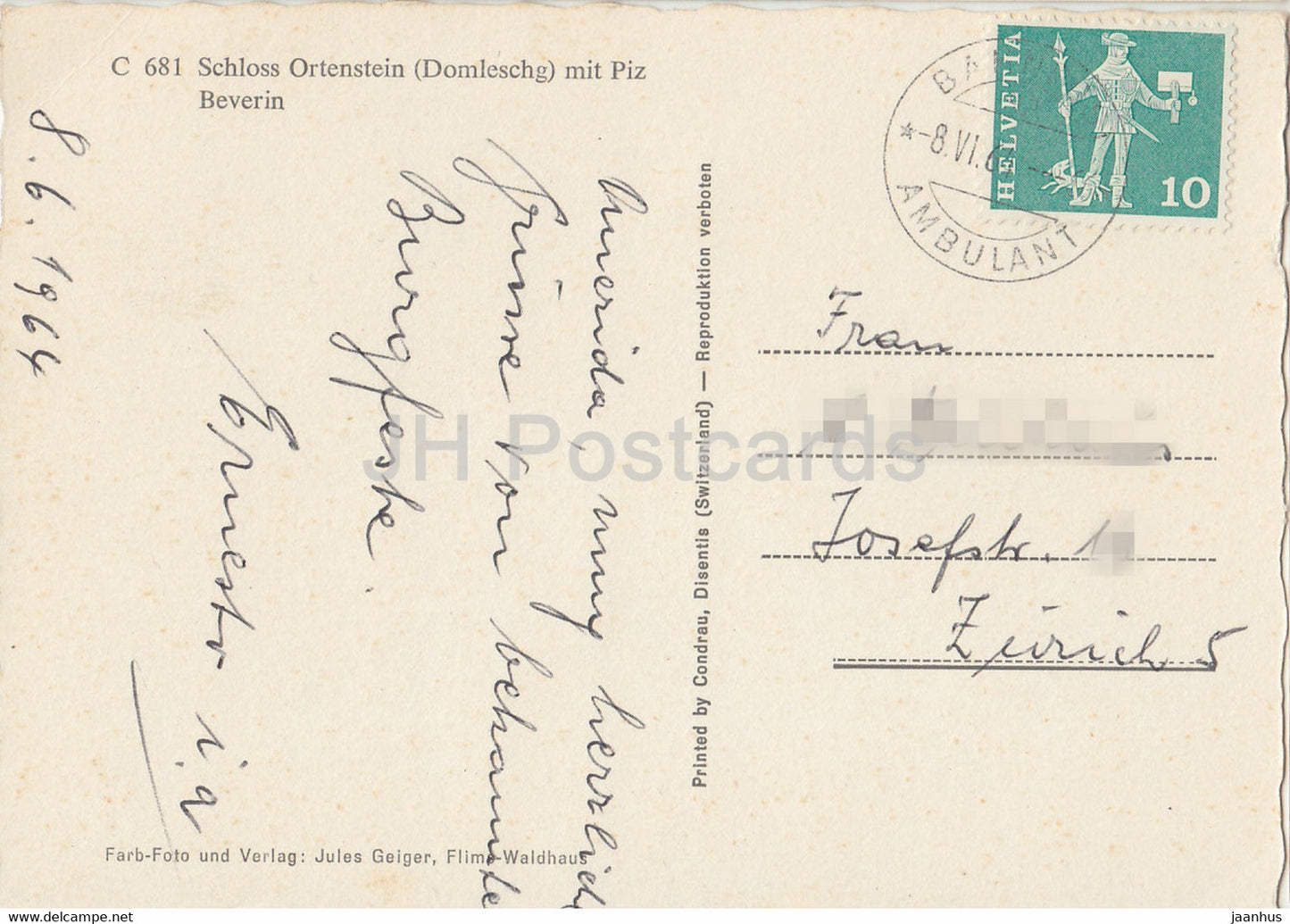 Schloss Ortenstein mit Piz Beverin - Domleschg - Schloss - 681 - 1964 - Schweiz - gebraucht