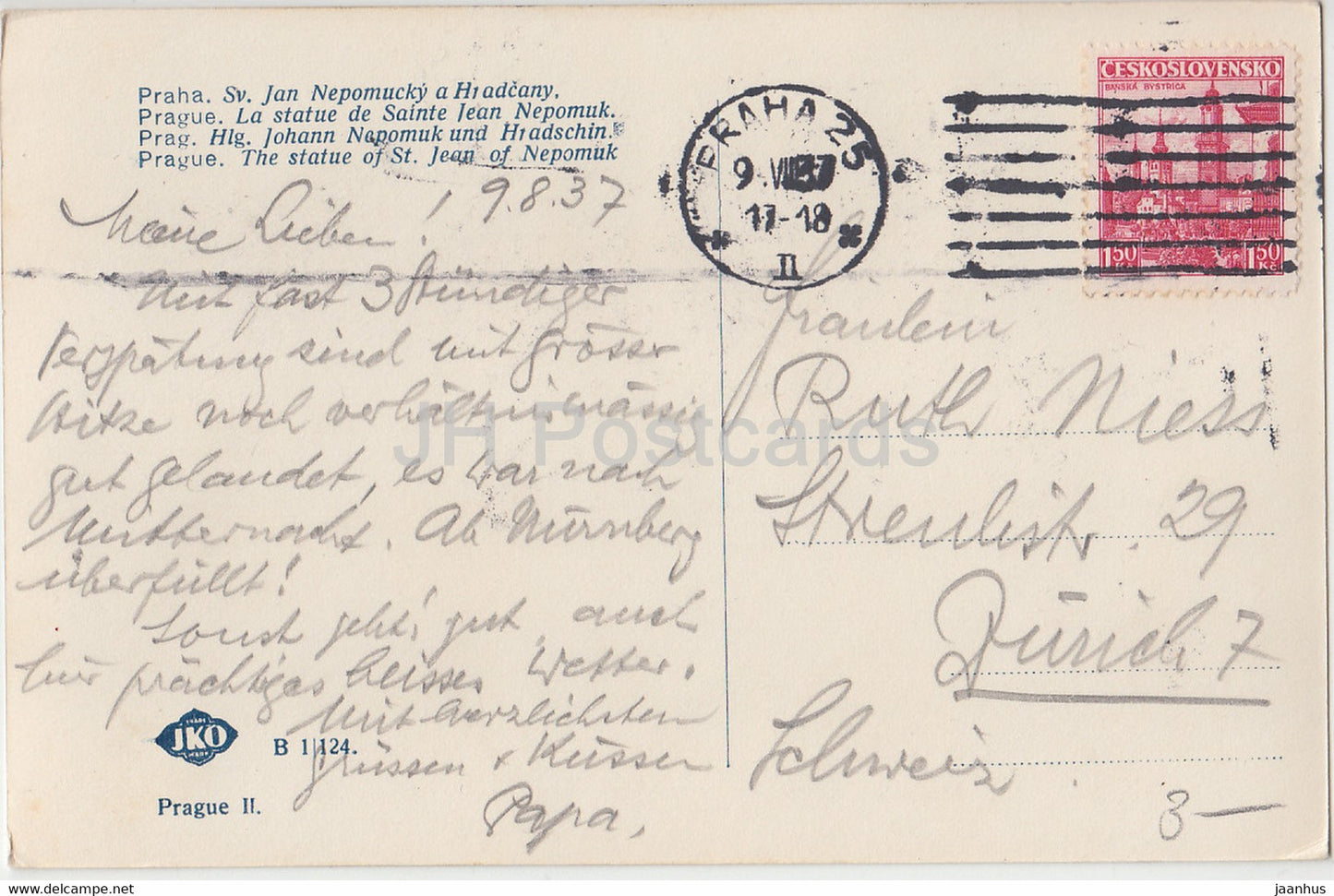 Praha - Prag - Sv Jan Nepomucky a Hradcany - 1937 - Tschechoslowakei - Tschechische Republik - gebraucht