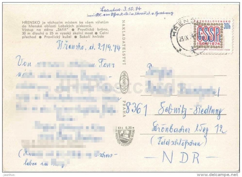 Hrensko - Pravcicka gate - border - Czechoslovakia - Czech - used 1974 - JH Postcards