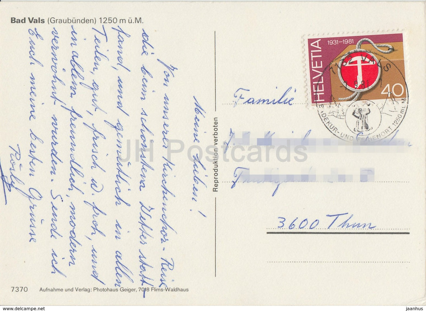 Bad Vals 1250 m Graubünden - 7370 - 1981 - Schweiz - gebraucht