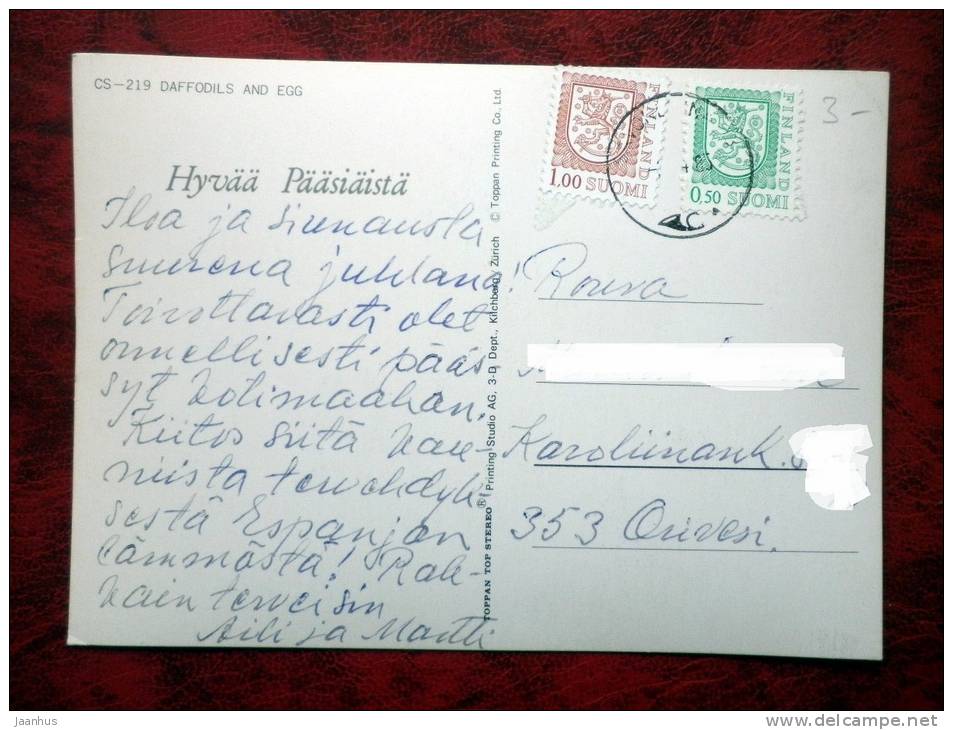 Switzerland - 3D - stereo - Easter - Narcissus - eggs - flowers - sent in Finland - stamped!! - used - JH Postcards