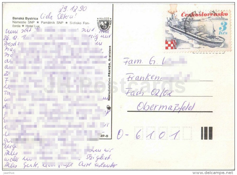Banska Bystrica - SNP square - monument to SNP - hotel Lux - Czechoslovakia - Slovakia - used 1990 - JH Postcards