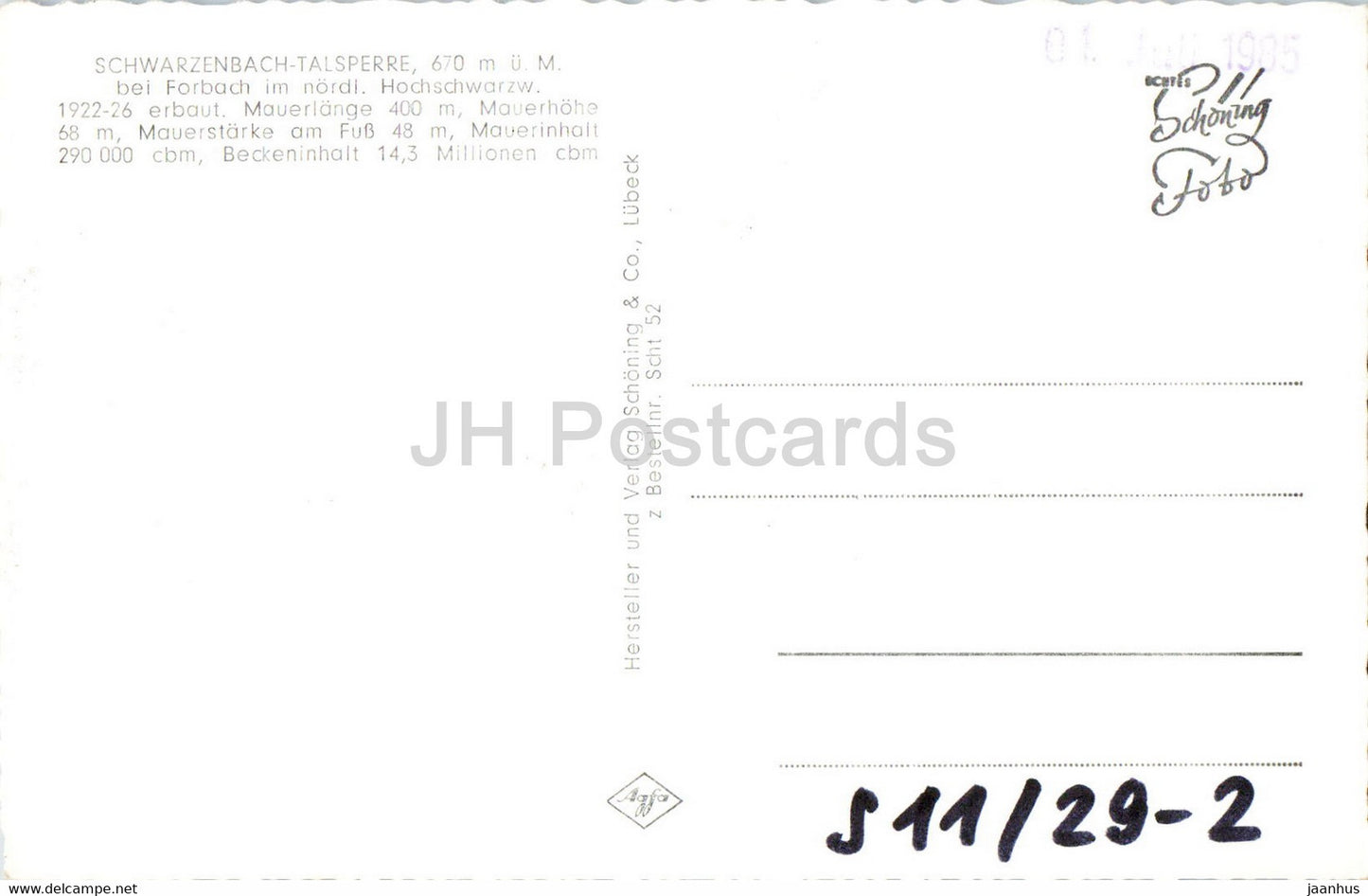 Gruss von der Schwarzenbach Talsperre - Stausee - Sperrmauer - Schwarzenbachsee - old postcard - Germany - unused