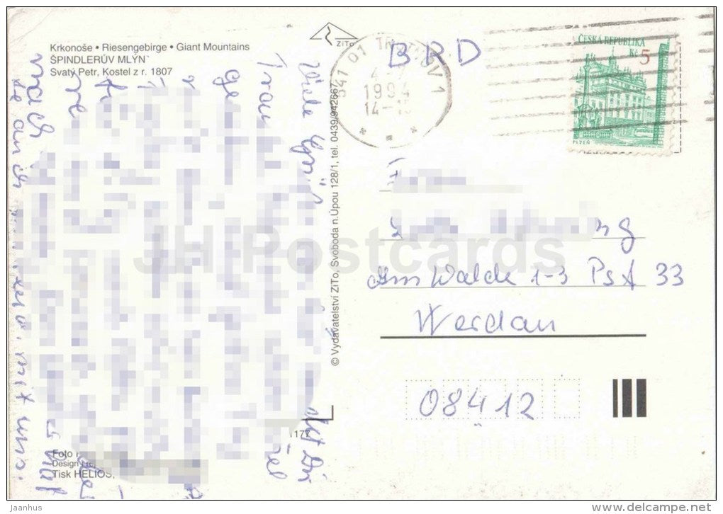 Krkonose - Spindleruv Mlyn - St. Peter´s church - The Giant Mountains - Czech Republic - used 1994 - JH Postcards