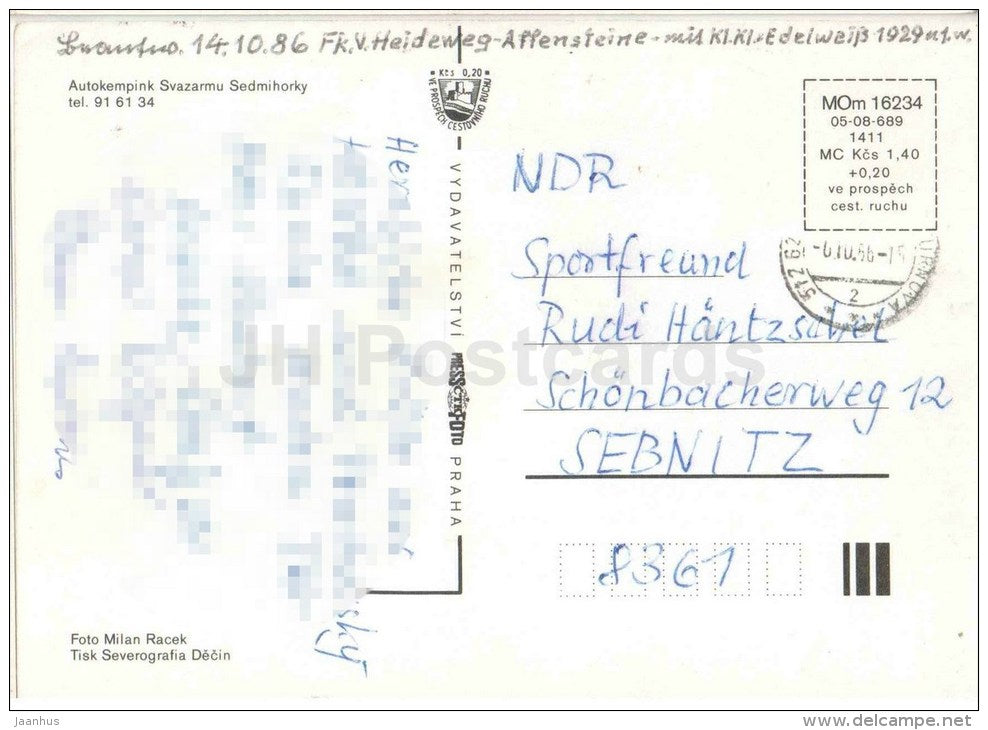 camping Sedmihorky - beach - Czechoslovakia - Czech - used 1986 - JH Postcards