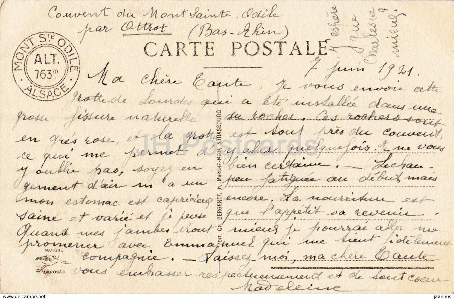 Mont Sainte Odile 763 m - Le Grotte de Lourdes - 10 - carte postale ancienne - 1921 - France - occasion