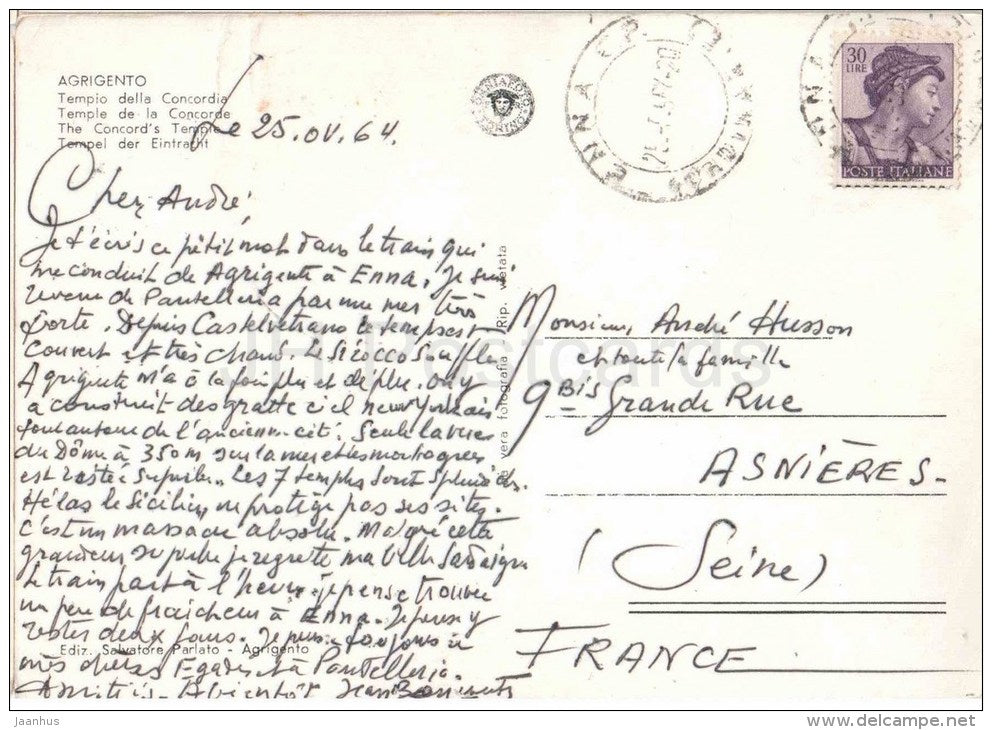 Tempio della Concordia - The Concord`s Temple - Agrigento - Sicilia - Italia - Italy - sent from Italy to France 1964 - JH Postcards