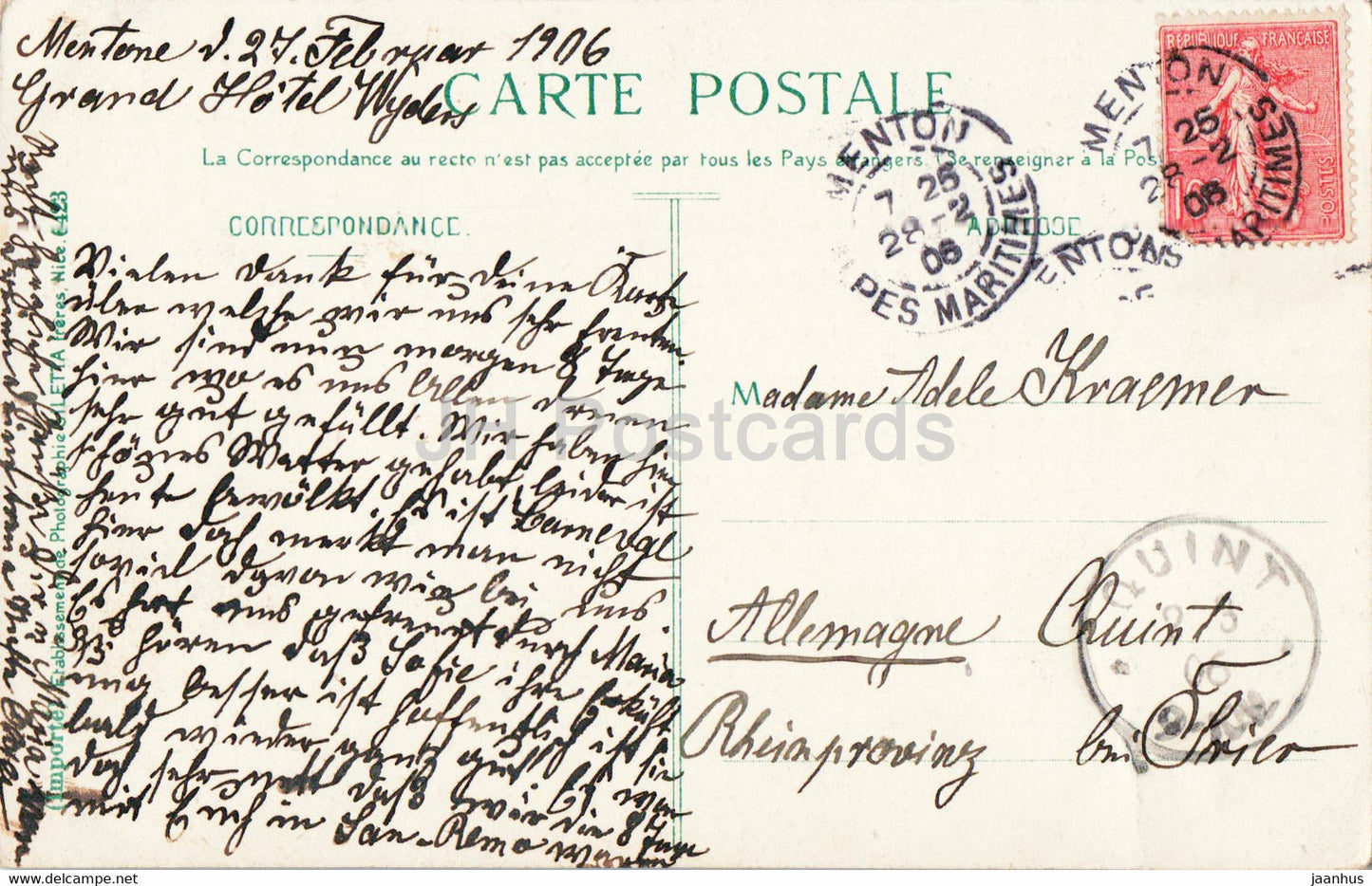 Menton - Vue Prise de la Frontiere - Baie de Garavan - 917 - old postcard - 1906 - France - used