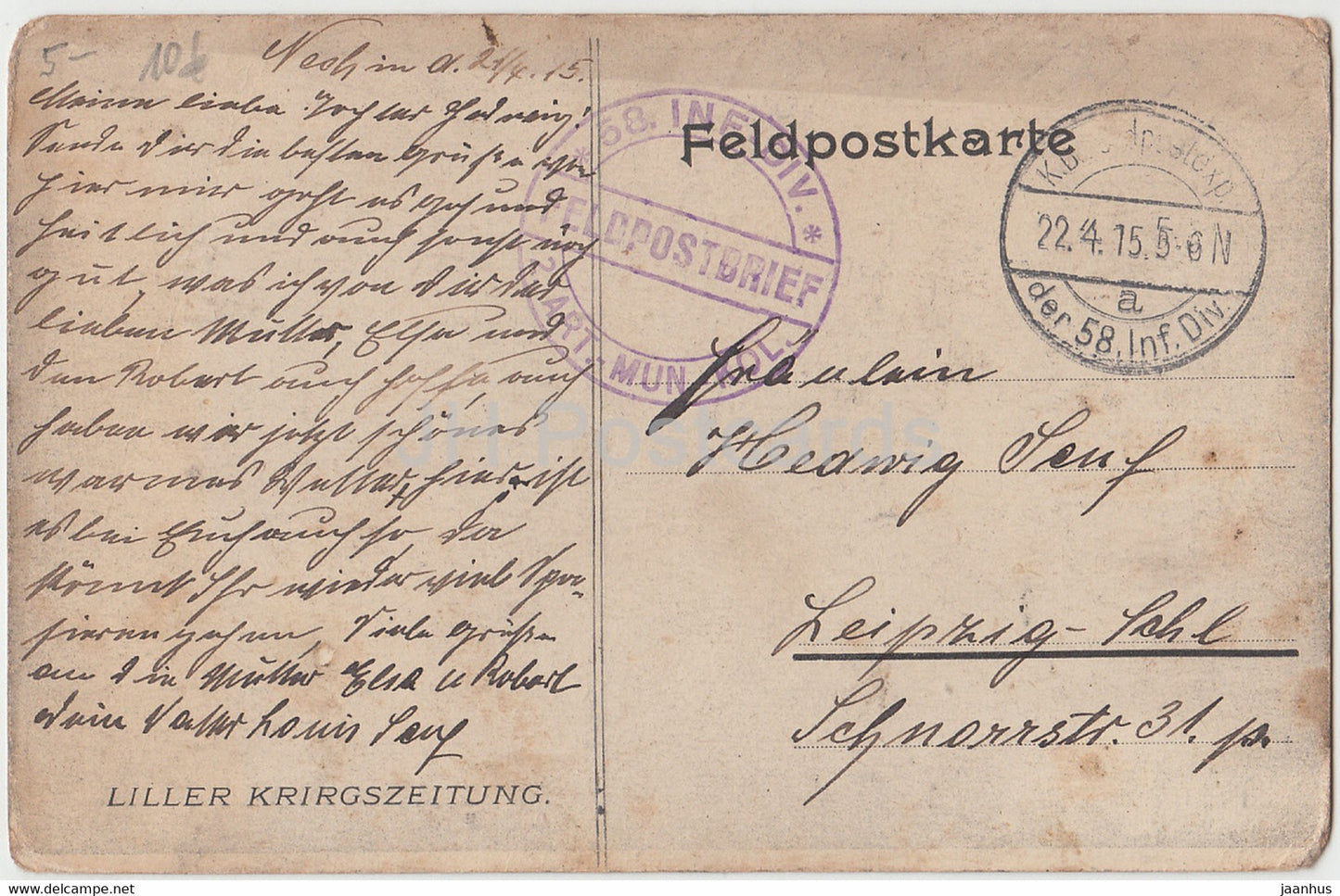 Lille Festung - Liller Kriegszeitung - 58 Inf Div Feldpost - Military - old postcard - 1915 - France - used