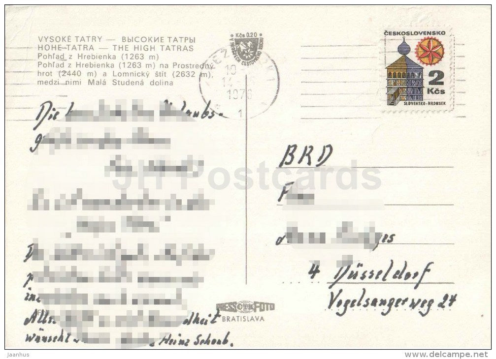 Hrebienka mountain - Prostredny top - Lomnicky shield - High Tatras - Czechoslovakia - Slovakia - used 1976 - JH Postcards