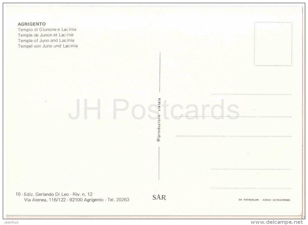 Tempio di Giunone e Lacinia - Temple of Juno and Lacinia - Agrigento - Sicilia - 10 - Italia - Italy - unused - JH Postcards