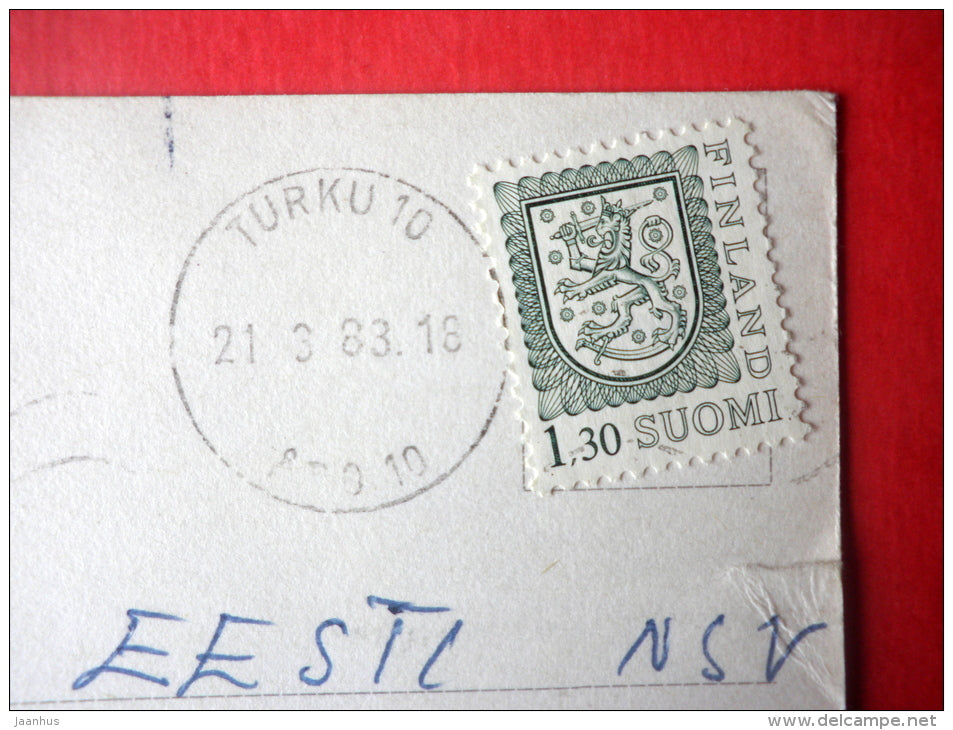 Easter Greeting Card by Jenny Nyström - chicken - egg - daffodil - Finland - sent from Finland to Estonia 1983 - JH Postcards