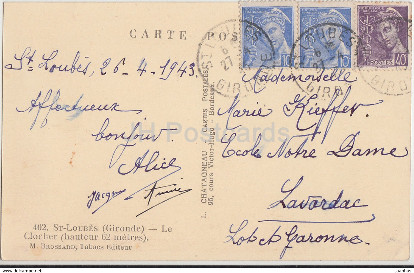 St. Loubes – Le Clocher – Kirche – 1943 – alte Postkarte – Frankreich – gebraucht