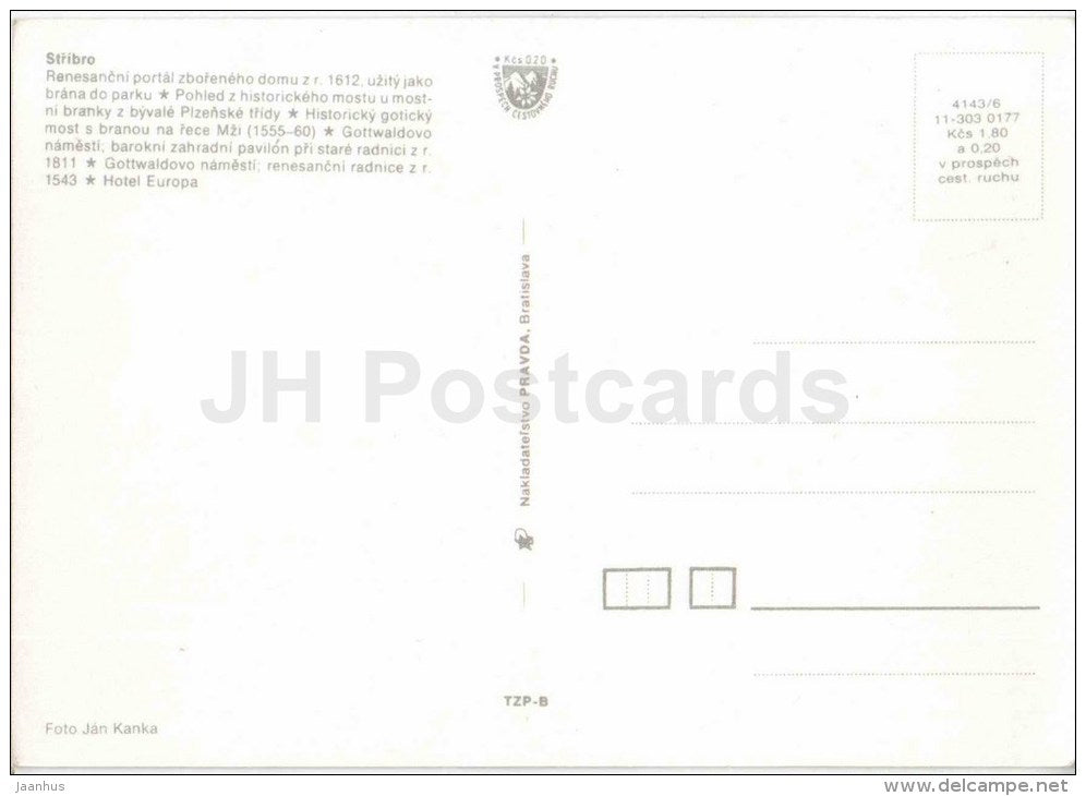 Stribro - historical bridge - Gottwald square - hotel Europa - Czechoslovakia - Czech - unused - JH Postcards