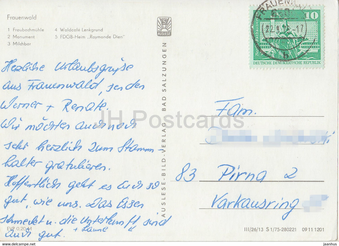 Luftkurort Frauenwald - Fraubachmuhle - monument - Milchbar - Waldcafe Lenkgrund - 1975 - Germany DDR - used
