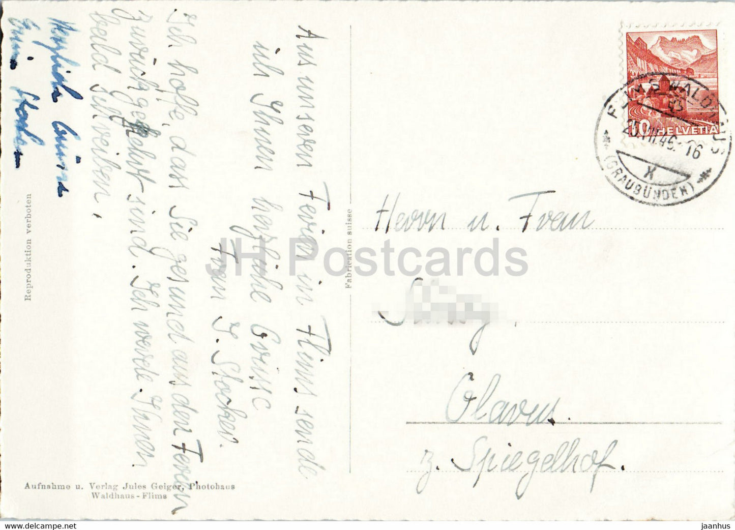 Flims - Waldhaus gegen den Segnespass - 1539 - carte postale ancienne - 1946 - Suisse - utilisé